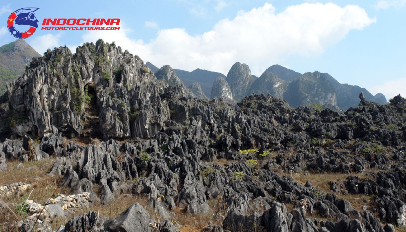 The rugged limestone formations of the Karst Plateau, a highlight in any Dong Van travel guide