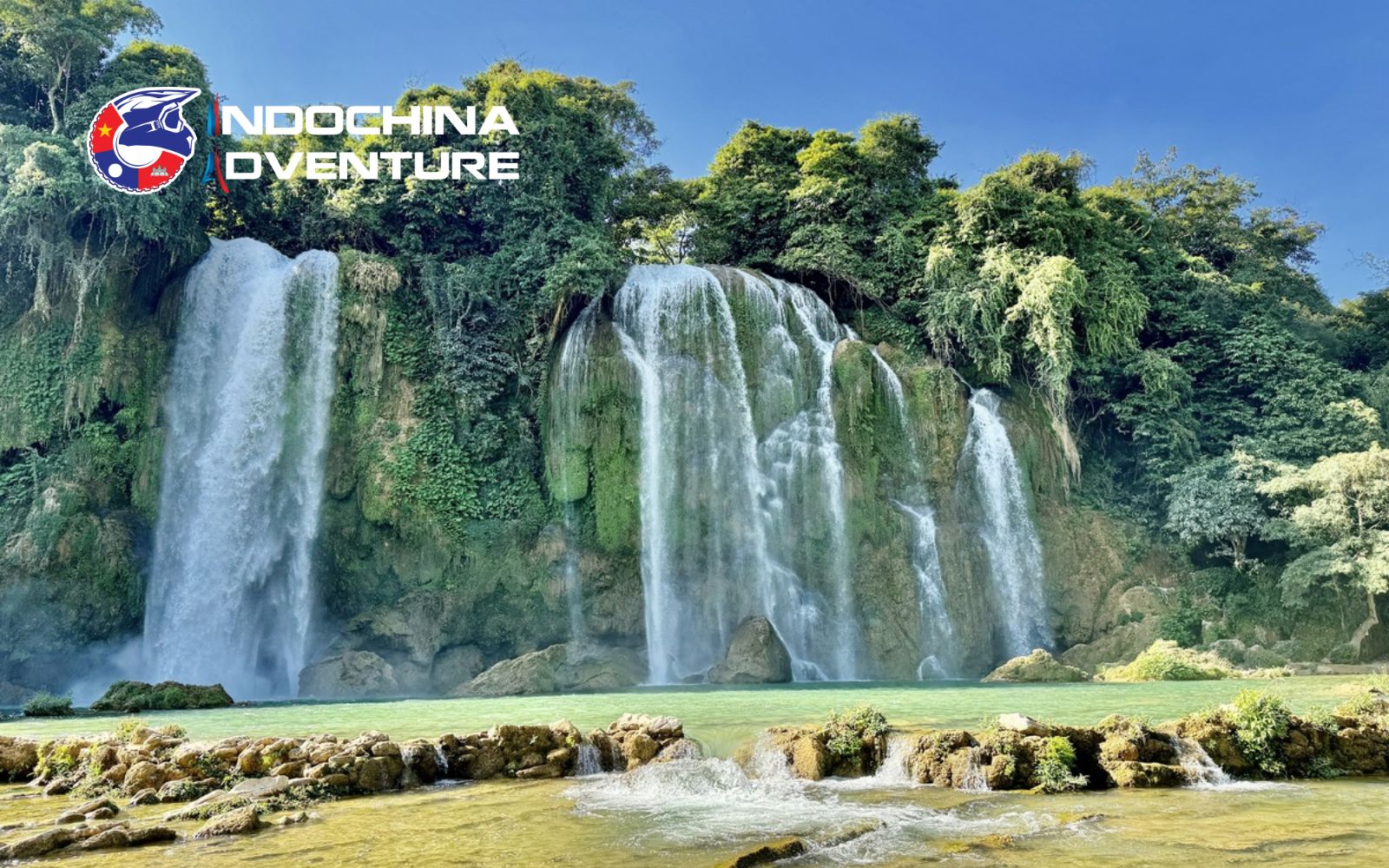 Ban Gioc Waterfall with misty cascades and karst mountains, perfect for photography