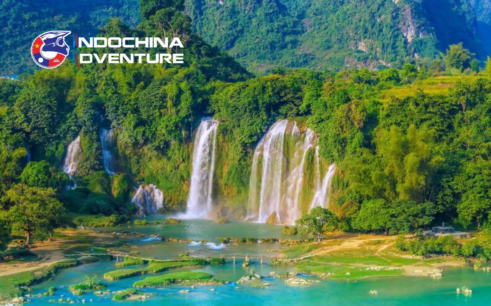 Ban Gioc Waterfall during rice harvest season with golden fields in September and October