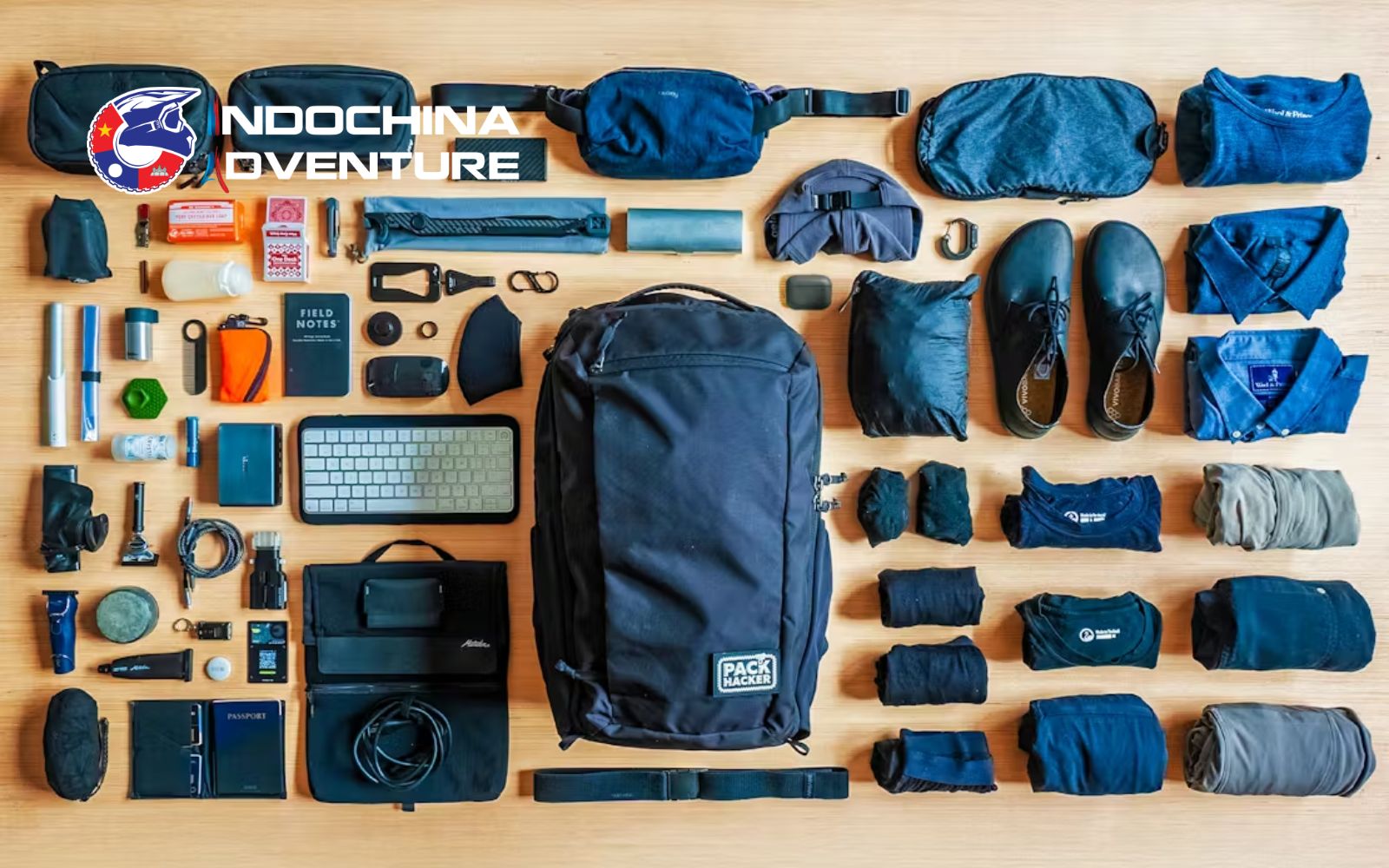 Motorbike travel gear including water, snacks, and power bank for Ban Gioc trip
