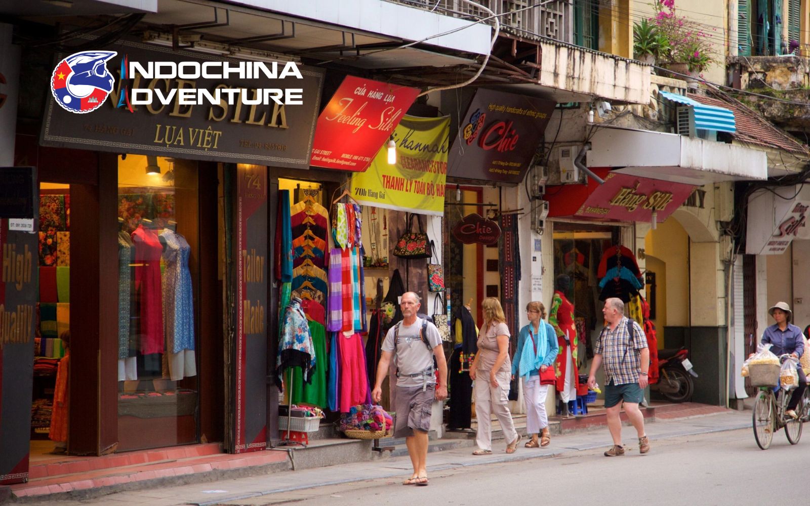 Colorful silk products displayed along Hang Gai Street in Hanoi Old Quarter