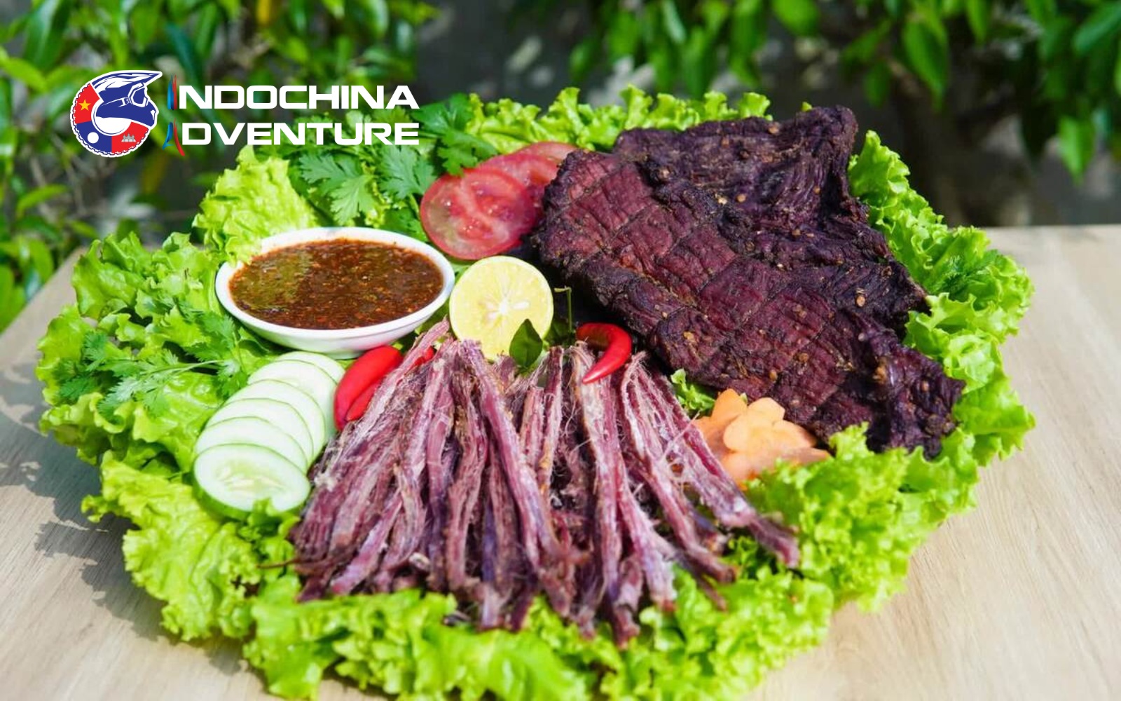 Smoked buffalo meat enjoyed on a Moc Chau Plateau motorcycle tour