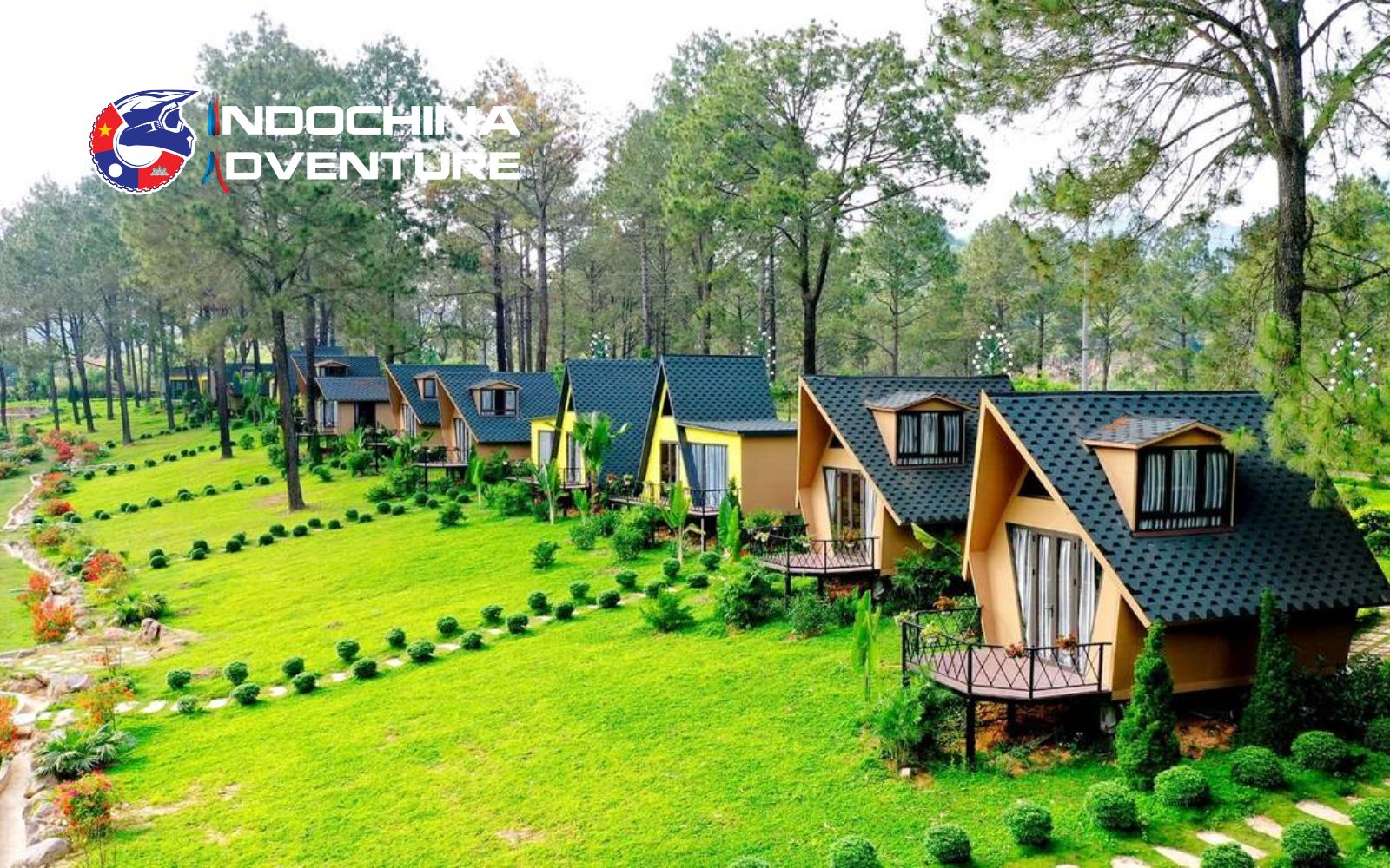 Relax by the peaceful lake and pine trees of Ang Village in the heart of Moc Chau Peaceful pine forest and lake, ideal for north Vietnam motorbike tours