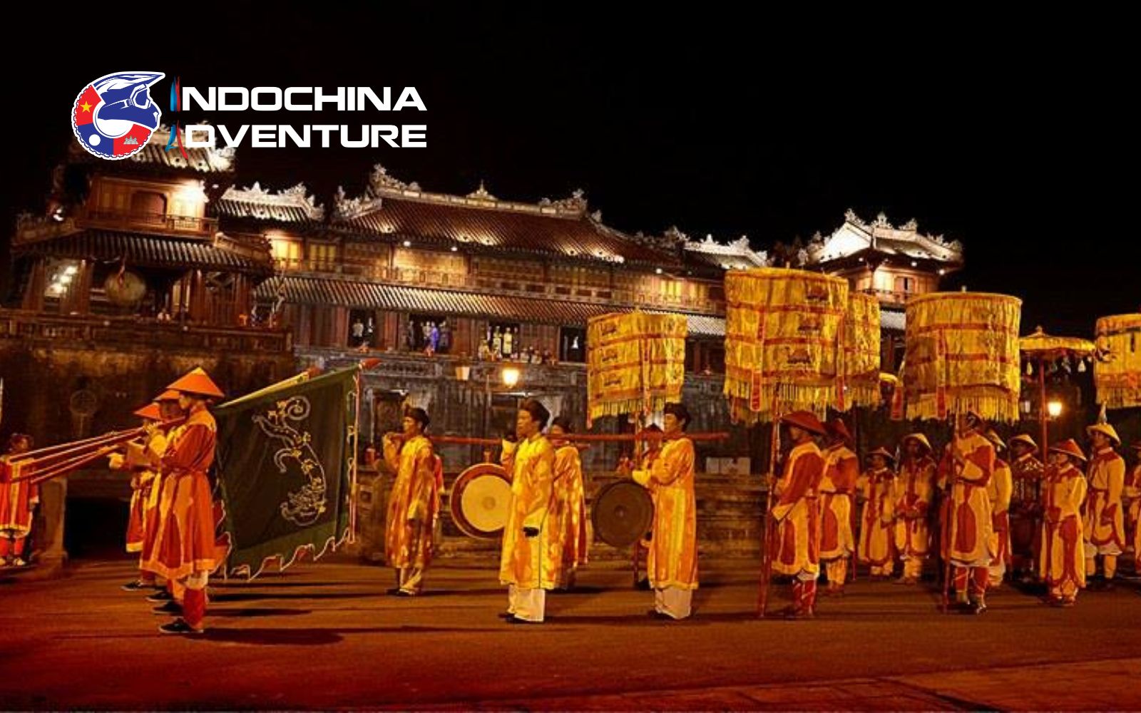 Elegant royal music performed indoors during the rainy months Nha Nhạc musicians playing on an indoor stage in Hue
