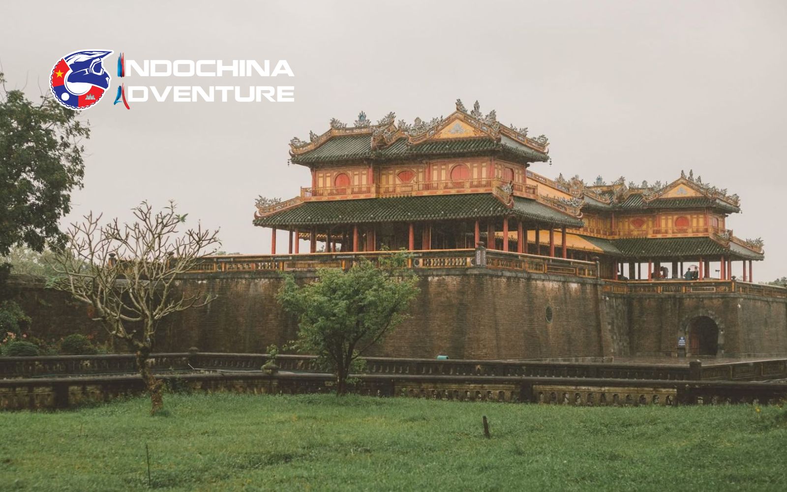 The Imperial City appearing mystical in the Hue rainy season Ancient walls of the Imperial City under gentle rain