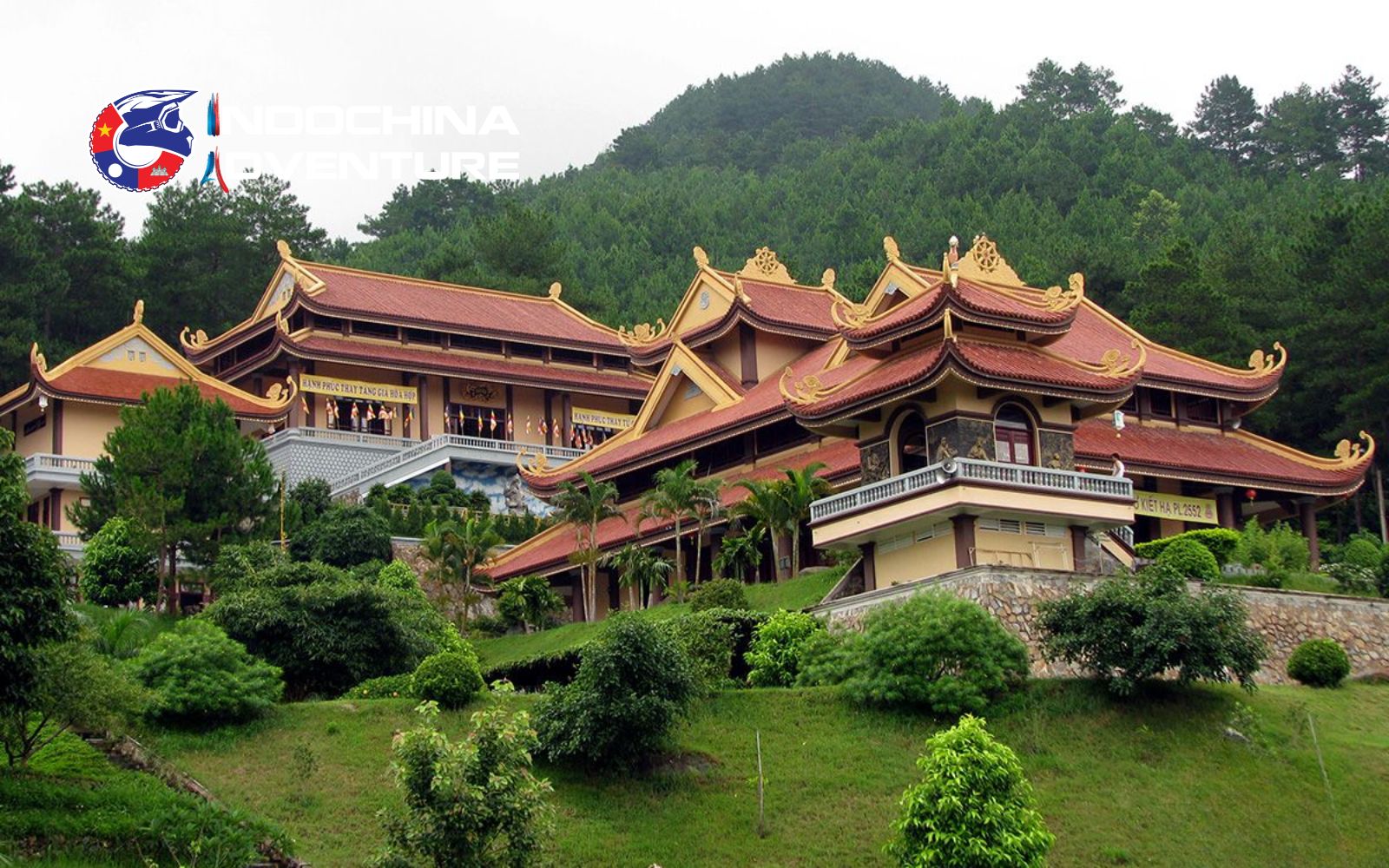 Mountain viewpoint overlooking Ban Gioc waterfall Clear skies reveal sweeping views over Truc Lam Pagoda