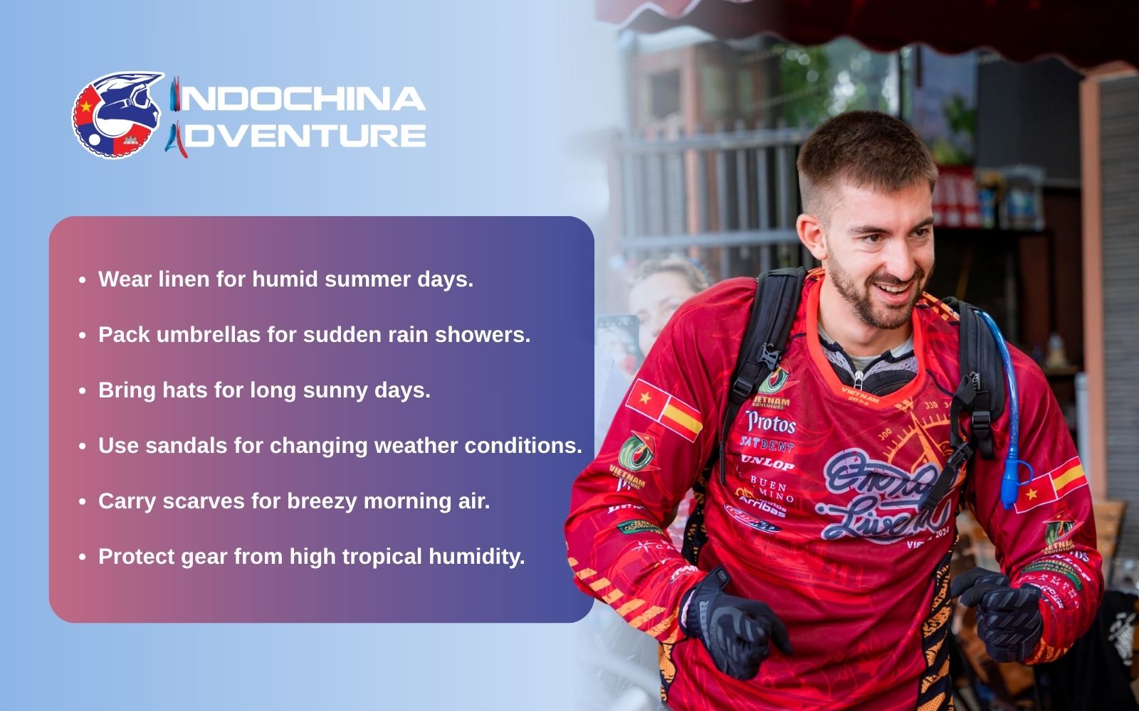 Light clothing, sun protection, and rain-ready essentials for comfort Light clothing, sun protection, and rain-ready essentials for comfort