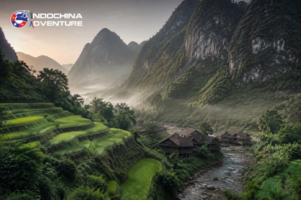 Terraced rice fields and a small village in a remote valley on the northern Vietnam motorbike loop