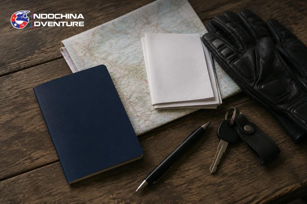 Passport, International Driving Permit and vehicle documents prepared for a cross border motorbike tour