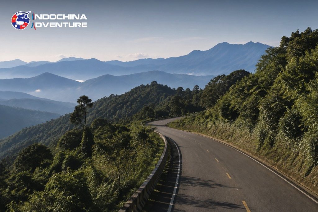 Empty mountain road winding through forested ridges in northern Laos