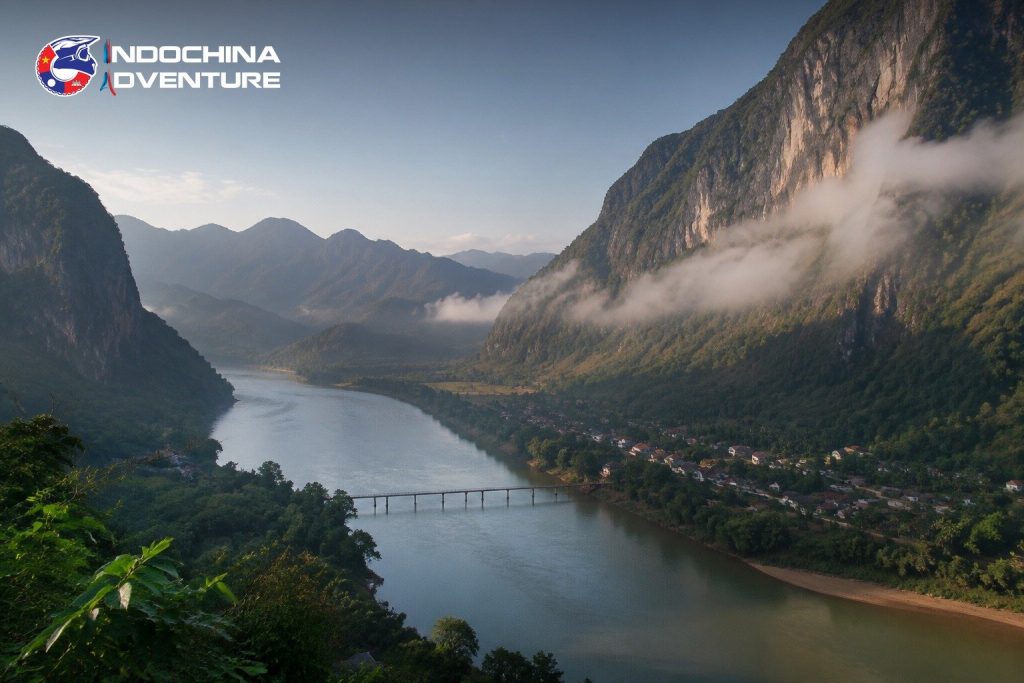 Limestone mountains and the Nam Ou river seen from a viewpoint near Nong Khiaw in north Laos